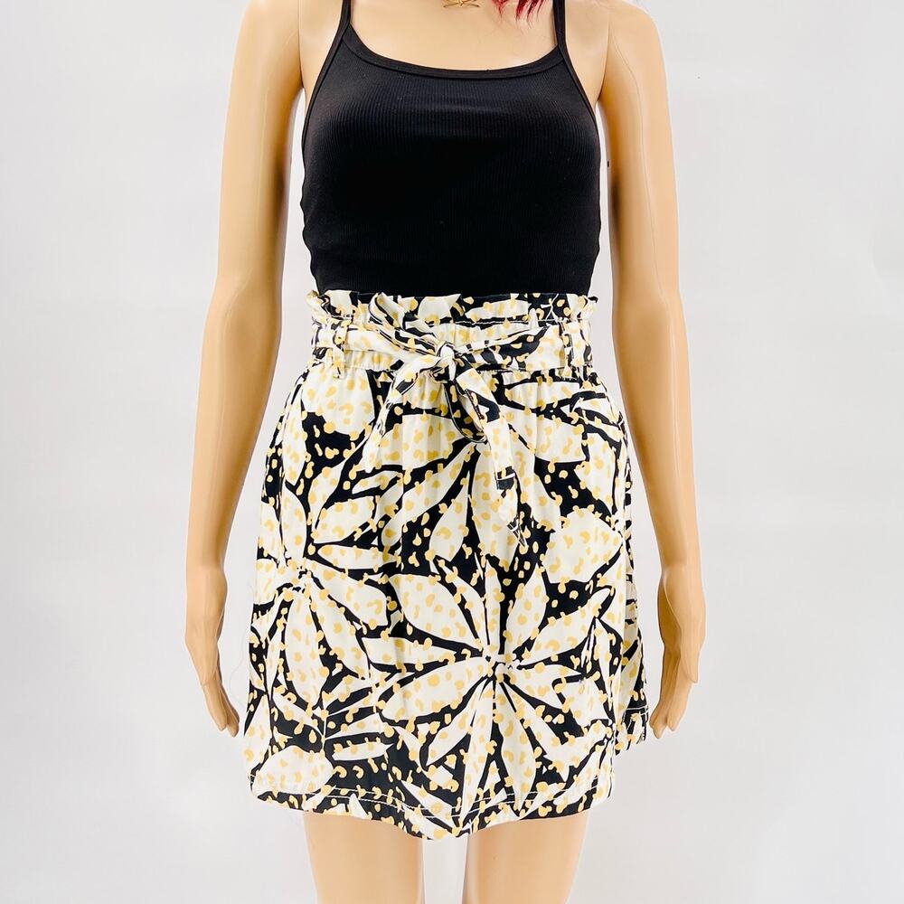 Nicole Miller Floral Mini Skirt Large Black Yellow Mini High Waist Belted